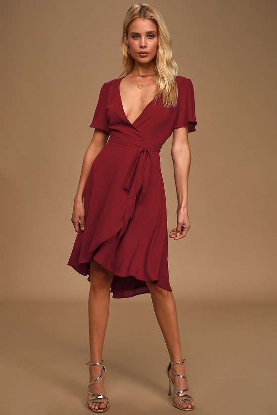 Lovely Burgundy Wrap Dress - Midi Wrap Dress - Midi Dress - Lulus